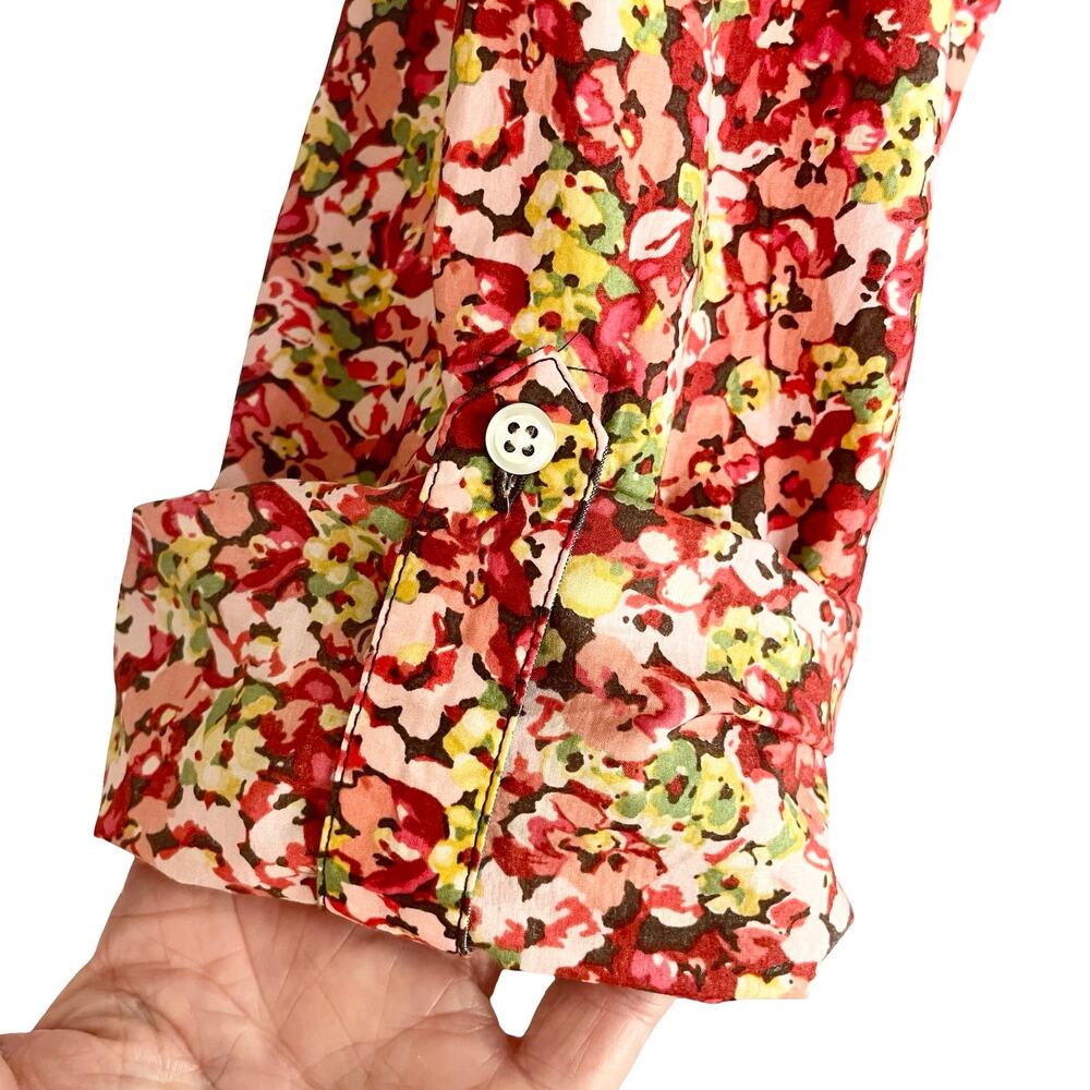 Talbots Red Floral Button Up Shirt Size 12p Roll Tab Sleeves Classic Work Wear - Picture 6 of 11